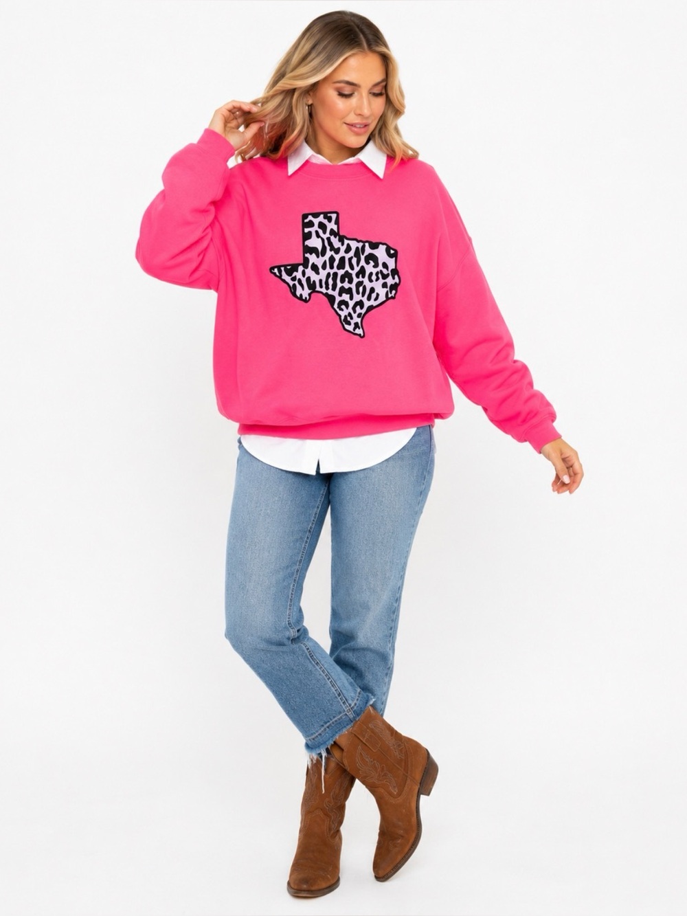 Hot Pink Texas Leopard State Graphic Sweatshirt Pink Western Southern Crewneck L